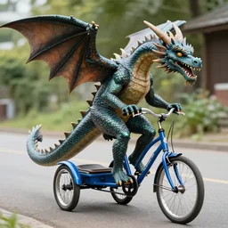 a realistic photograph of a dragon riding a blue tricycle, photography, hyper realistic, realistic, hdr