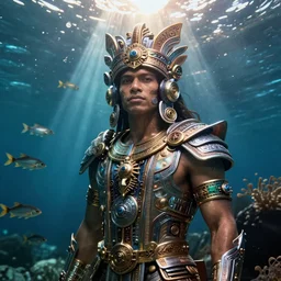 a high tech mayan man in undersea atlantis, fish school, specular lighting, volumetric light, sharp focus