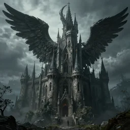Angelarium Gloomy Castle, photo realistic, unreal engine 5, highly detailed, cinematic lighting, octane render, cinematography, breathtaking and epic composition , 8k , 35 mm photography, smooth, in style of Gustave Dore and Greg Rutkowski