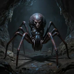 creepy matte painting of an armored female spider monster with eight spider legs in a dark cave, ultra detailed, monster, half human half spider, human torso and head, human face, human arms, spider thorax, creature design, concept art, 8 k, moody lighting, muted colors, blue tone light, dramatic lighting, realistically proportioned face