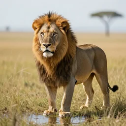 an male lion on the african plains, long grass, sparkling water, glistening, hyper realistic, hyper detailed, digital art, trending in artstation, cinematic lighting, studio quality, smooth render, unreal engine 5 rendered, octane rendered, by paul lehr