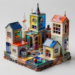 an hd photo of cubism resin pour painting of a 4d landscape of impossible buildings made of futuristic architecture, 3d depth, 8k, land is made of polymer clay mokume gane skinner blends, roofs are made of beautiful vividly colored acrylic panels, windows are made of cast glass color film gels, walls are made of many layers of dichroic glass by jack storm, clear shapes, 8k acrylic resin pour paint