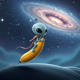 cartoon grey alien riding a banana, andromeda galaxy, volumetric lighting, featured on artstation, featured on pixiv, featured on deviantart