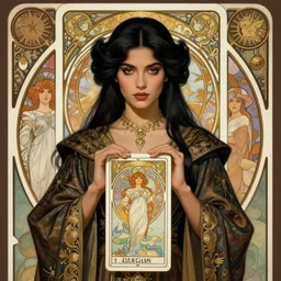 centered portrait, Maya Ali as a D&D sorcerer, black hair, intricate robes, Art Nouveau, tarot card, beautiful retro Fantasy heroine 1985, intricate, elegant, highly detailed, centered, digital painting, trending on artstation, concept art, smooth, sharp focus, illustration, art by Mucha, Ilya Kuvshinov, WLOP