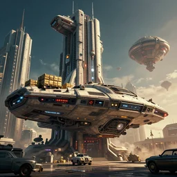 an art deco brutalist futuristic scifi spaceship with cargo, high dynamic range, ilm, beeple, star citizen, halo, mass effect, bladerunner, elysium, stephane martiniere