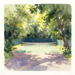 small centered on watercolor paper, paint brush strokes, abstract watercolor painting of tennis court, daylight, shadows, covering foliage over luxurious pathway, sunlight shining through, translucent leaves, cinematic light, national romanticism by hans dahl, by jesper ejsing, by anders zorn, by greg rutkowski, by greg manchess, by tyler edlin