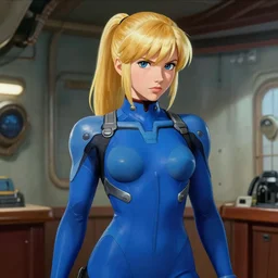 intense demeanor. close portrait. ship interior bg. screenshot of a scene in metroid zero of zero suit samus painted by norman rockwell. character designed by hideaki anno. blue skintight plugsuit. sideswept bangs, blonde hair, ponytail. digital. lighting by james gurney. trending on artstation. masterpiece. artgerm mucha rutkowski.
