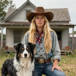 highly detailed portrait of a blonde long - haired hillbilly in front of old style house, with his fluffy black and gray australian shepherd, stephen bliss, art by greg rutkowski, loish, rhads, ferdinand knab, makoto shinkai and lois van baarle, tom bagshaw, global illumination, artstation