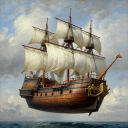 a large flying pirate airship, 1 8 th century, painting by edward moran, beautiful, highly detailed