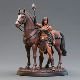 80mm resin detailed miniature of a Muscular Woman warrior standing next to a Horse, Product Introduction Photos, 4K, Full body, simple background