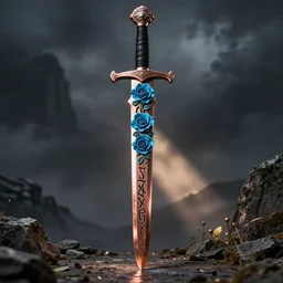 copper sword decorated with cyan roses, black runes on the blade, a large beautiful black hilt
