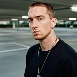 eminem in an empty parking lot, close up shot