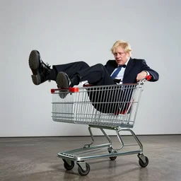Wide Angle Photo Boris Johnson doing Jackass Stunt over a shopping cart