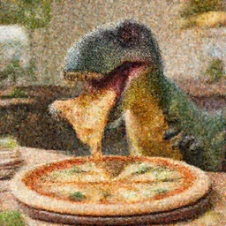 a dinosaur eating pizza