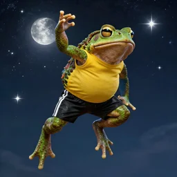 an toad! with green muscular body jumps to the sky and stars, wearing yellow sleeveless shirt and black sport shorts, cosmos, moon, by mucha and caspar david friedrich, atmospheric lighting, intricate detail, cgsociety, hyperrealistic, octane render, rpg portrait, ambient light, dynamic lighting