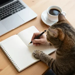cat working with notebook and a coffe cup is on the desk
