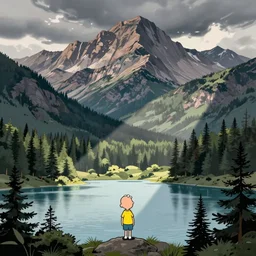 mountains, trees, and lake, by bill watterson, calvin and hobbes