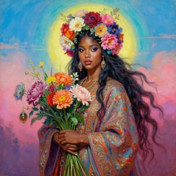 portrait oil painting, a beautiful young dark woman, synthwave retro colors, floral headdress, flowers, holding a bouquet of flowers, long flowing hair, ornate robe, ultra realistic, wide angle, intricate details, artifacts, luminous skies, highly detailed, michael cheval, peter mohrbacher, boris vallejo, jessica rossier, oil painting, highly detailed, cinematic lighting