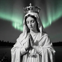 beautiful aurora overlay of virgin mary, vhs, 1 9 9 0, highly realistic, highly detailed, vhs noise static, black and white, vhs glitch