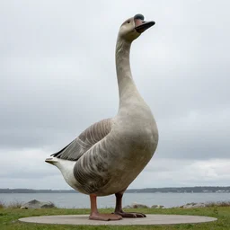 big statue of goose in standing pose by dieter rams at cloudy shore