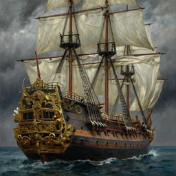 a stunning, realistic, beautiful oil painting view from behind, showing the windows of an enormous, ornate, elaborate galleon in a gathering storm. detailed, intricate, by n. c. wyeth, james gurney, and john williams waterhouse.