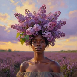 portrait, giant lilac flower as head, black woman in heather field, surreal photography, golden hour, colorful clouds, impressionist painting, digital painting, artstation, simon stalenhag