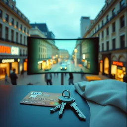 3 d 🦈 popping out of curved screen, city square, volumetric lighting, sleeping, pair of keycards on table, bokeh, creterion collection, shot on 7 0 mm, instax