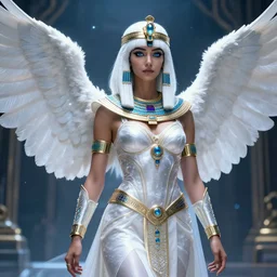 perfect white haired egyptian goddess wearing white dove wings, warframe armor, regal, attractive, ornate, sultry, beautiful, ice queen, half asian, pretty face, blue eyes, detailed, scifi platform, 4 k, ultra realistic, epic lighting, illuminated, cinematic, masterpiece, art by akihito tsukushi, voidstar