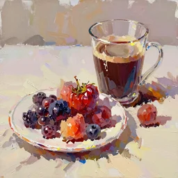 breakfast with berries and a big coffee, oil painting, glassware, thick strokes, vibrant, colorful, shiny, bright, reflections, sunlit, sharp, subsurface scattering, sharp edges, hazy, field of view