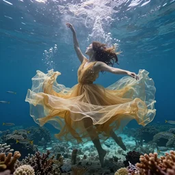 woman dancing and spinning underwater while wearing a dress made of many very long layers of thin sheer golden fabrics flowing in the fast current, hundreds of tiny bubbles in the foreground somewhat obscure and blur her body, coral sea bottom, swirling schools of silver fish, bubbles, swirling smoke shapes, octane render, caustics lighting from above, cinematic