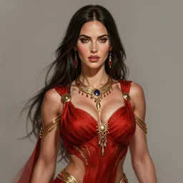 portrait of megan fox, muscular upper body, greek, jewelry, red dress, fantasy, intricate, elegant, highly detailed, digital painting, artstation, concept art, matte, sharp focus, illustration, art by aenaluck and roberto ferri and greg rutkowski, epic fantasy, digital painting