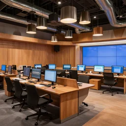 photorealistic network television newsroom studio designed by frank gehry, desks with computer monitors, warm wood appointments, ductwork with hanging lamps