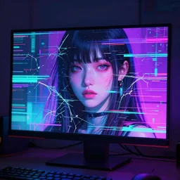 A broken monitor with a calm AI girl's face on it. Very strong glitches on the monitor. Extremely high detail, glitchcore, glitches, glitch, synthwave, cyberpunk, vaporwave, 8k