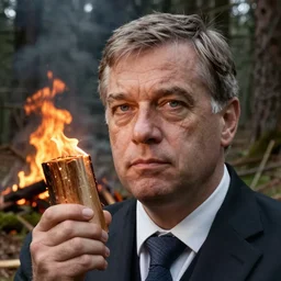 viktor orban burning down a forest, holding a wood piece, highly detailed face, by edward hopper