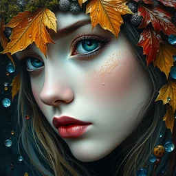 close - up portrait of beautiful girl by irakli nadar with intricate detailed color smashing fluid oil paint and acrylic, dried moss and dried autumn leaves headdress, melting wax, mycelia, abstract impressionism, ruan jia, fantasy, hyper detailed, concept art, by gustav klimt,