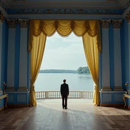 movie still by tarkovsky of a blue neoclassical ballroom with yellow drapery opening on a lake, cinestill 8 0 0 t 3 5 mm, by magritte, by piranesi, heavy grain, high quality, high detail, isometric view