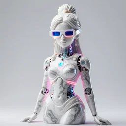 full-body neon marble bladerunner and baroque style sculpture of a beautiful spanish princess wearing thick 3D glasses as a half android with a porcelain chest, electric sparks, crown of giant diamonds,  sparkling laserbeams, pink and white neon tigers, baroque elements. full-length view. baroque element. intricate artwork by caravaggio. Trending on artstation, octane render, cinematic lighting from the right, hyper realism, octane render, 8k, depth of field, 3D
