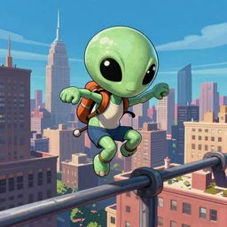 a detailed cute alien in an action pose parkour freerunning in the style of junji ito and lisa frank and escher background 1 9 9 0's new york, digital art, artstation hd, ubisoft concept art, concept art