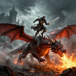 a knight with sword leaping on a dragons back as the dragon breathes fire and inflames the ground beneath him, smoke everywhere with castle in distance, stormy, raining, digital art, trending on artstation