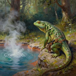 a lizard man finding a colorful hotspring deep in the forest, oil painting, highly detailed, medieval fantasy, featured on artstation