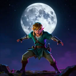 majora\'s mask evil moon looking at the viewer maniacally, night sky, starry night, legend of zelda, dramatic lighting, cinematic, film, dynamic pose,  movie scene, colorful, dark art, concept art, 8K, actor as role, octane render, visionary art, artstation,neon lighting, intense shadows, legend of zelda link staring at the moon