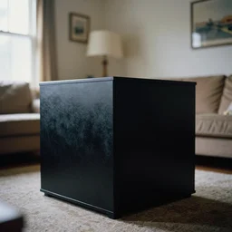 photograph of black cubical radiating energy in suburban living room, crisp focus, highly detailed, in jeff wall style, 3 5 mm ektachrome