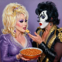 dolly parton sharing baked beans with paul stanley in kiss makeup, an oil painting by ross tran and thomas kincade