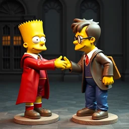 bart simpson and harry potter business handshake, they're all statues, octane render, 8 k, highly detailed, hyper - realistic.