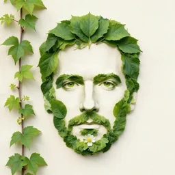 robert plant's face made of leaves and flowers of a vine plant that is bind to a wall