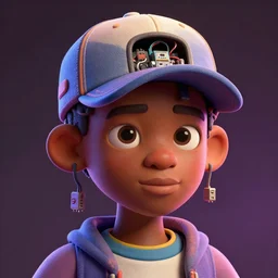 colourful vfx portrait - art of an african boy wearing a baseball cap with wires and computer chips dangling from its inside, hsiao - ron cheng style, caricature style, volumetric light, dramatic lighting, ray tracing, digital painting, digital illustration, claymation style, unreal engine render, sharp, intricate detail, behance, artstation, pinterest,