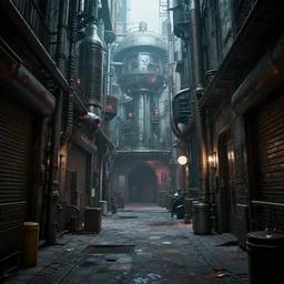 an atompunk, 1 9 5 0 s, nuclear - powered alleyway from an alternate future. dimmed bright scene. fine detail. this 4 k hd image is trending on artstation, favorites on deviantart featured on behance, well - rendered, extra crisp, features intricate detail, epic composition and the style of unreal engine.