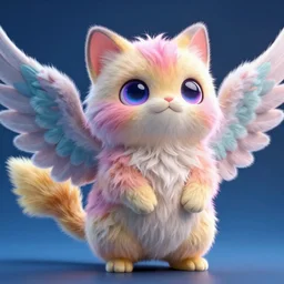 high quality 3 d render hyperrealist very cute multipastel fluffy! cyclops cat tarsier hybrid with detailed fluffy wings!!, vray smooth, in the style of detective pikachu, hannah yata charlie immer, dramatic blue light, low angle, uhd 8 k, sharp focus