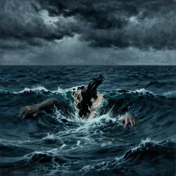 the troubled ocean waters are split open by a being emerging from the depths. dark sky. storm clouds above. in the style of beksinski