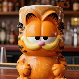a closeup photorealistic photograph of an orange cat garfield style tiki mug at a trader vic's bar featuring garfield's face. tiki theme. bright scene. fine detail. this 4 k hd image is trending on artstation, featured on behance, well - rendered, extra crisp, features intricate detail, epic composition and the style of unreal engine.